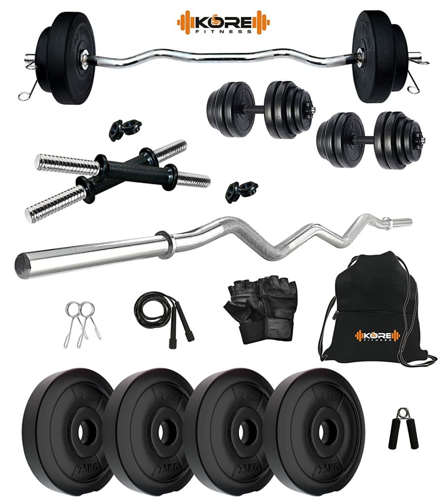Kore PVC 10-30 Kg Home Gym Set with One 3 Ft Curl and One Pair Dumbbell Rods with Gym Accessories