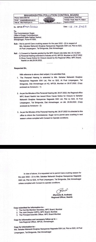 Nagwade sugar factory's problems increased, pollution control board's letter caused excitement, shrigonda news,