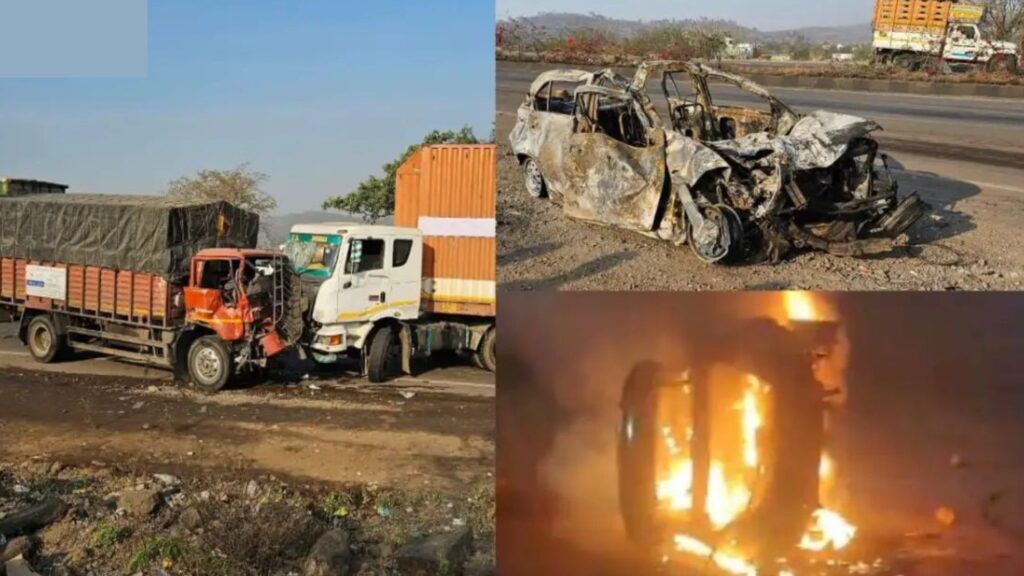 breaking news, Manchar Accident, Terrible accident involving three vehicles on Pune Nashik highway, Swift car burnt down, three dead,