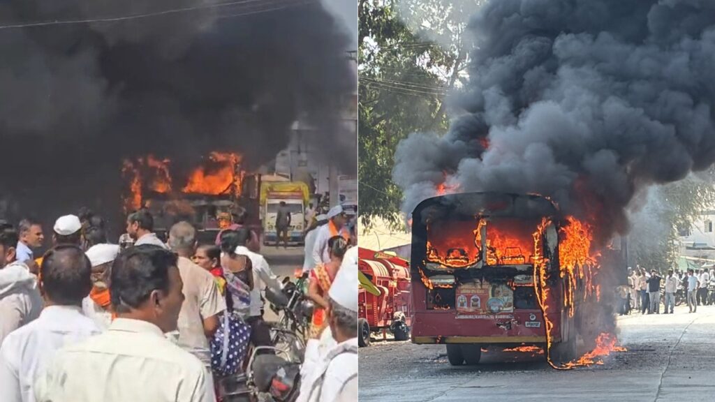 Nashik Solapur ST bus burnt down at Mirajgaon due to technical fault, thrill of The Burning Bus raged on old Nagar - Solapur highway, karjat jamkhed news today,