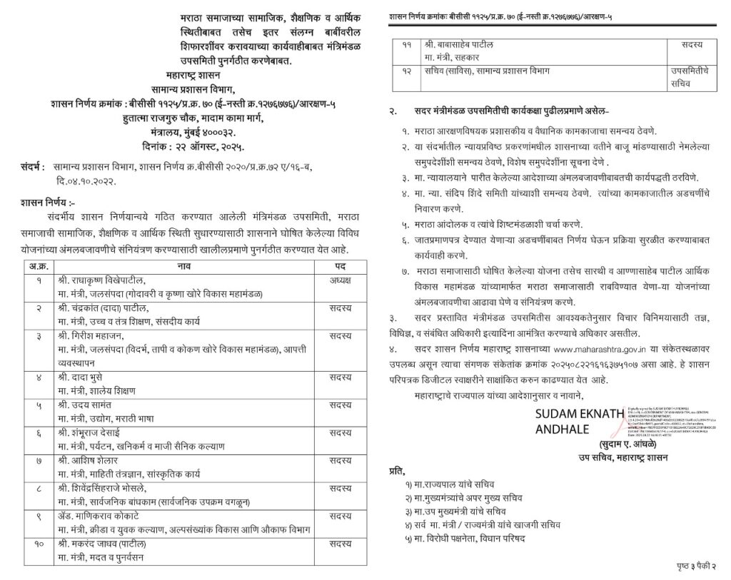 Big news, Government sets up reconstituted Cabinet Sub-Committee for development of Maratha community, Water Resources Minister Radhakrishna Vikhe Patil elected as chairman, 12 members included in committee,